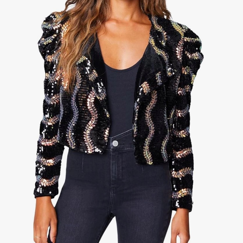 BlankNYC Beauty Spot Sequin Puff Sleeve Cropped Jacket Blazer Black Large